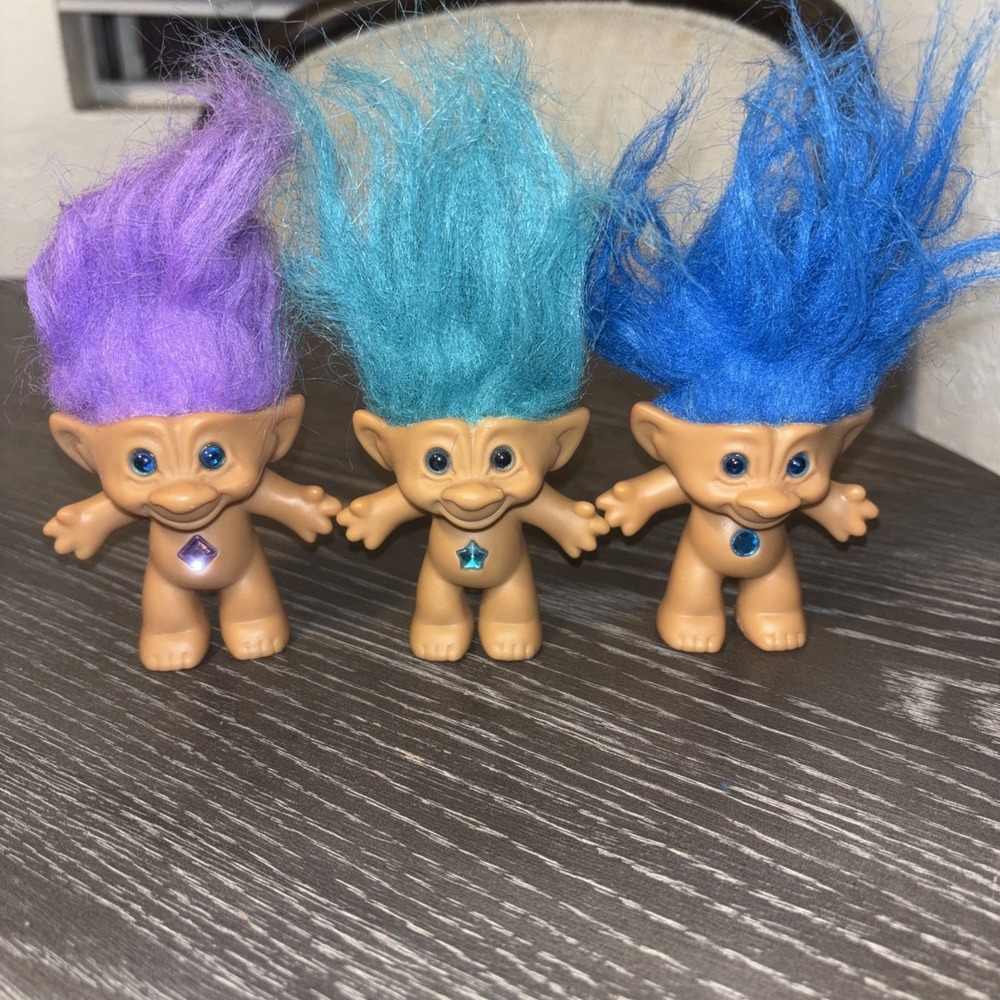 Vintage ACE Novelty PURPLE, PINK, TEAL Hair 3" Troll LOT .